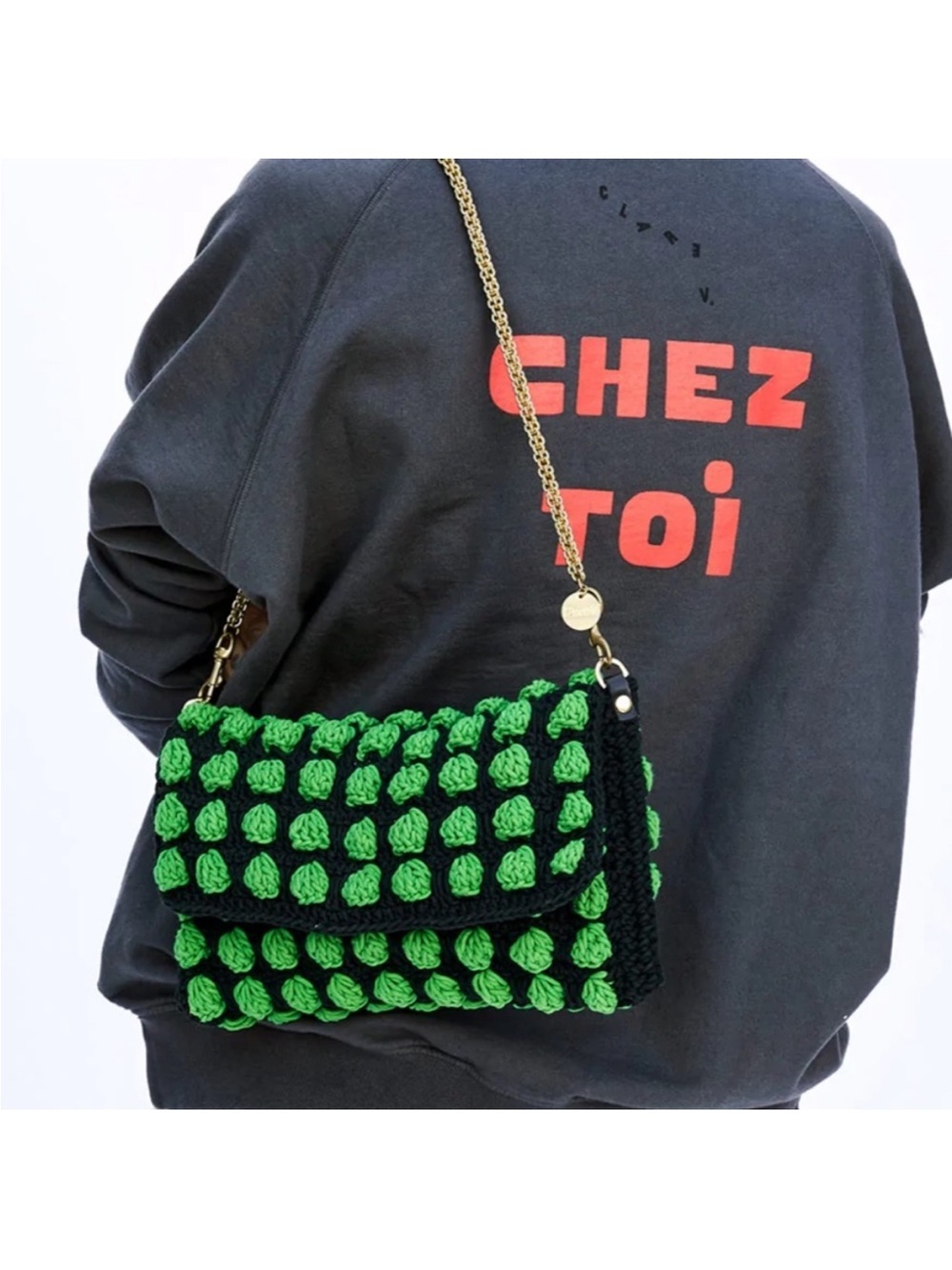 Clare V. Black Green Knit Convertible Clutch w Tabs Bag NWT Crochet Claudette